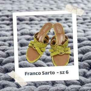 Avocado Green Leather Mules with Brass Decal, 3 1/4" Heels, Size 6